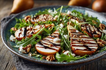 Gourmet pear salad with arugula, walnuts, and balsamic glaze on a plate