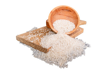 rice in a wooden bowl on white background isolated