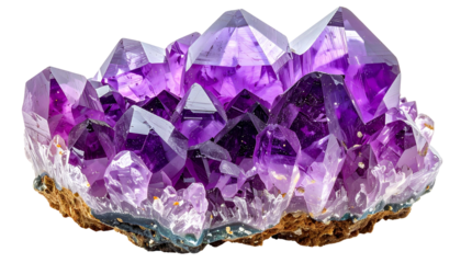 Close-up of a cluster of faceted, vibrant purple crystals on a textured base