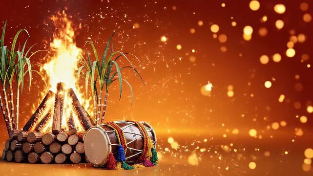 Lohri festival banner with bonfire dhol drum sugarcane and festive glowing sparks