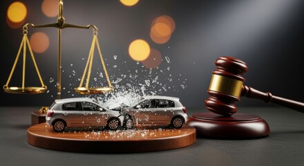 Car accident legal action: scales of justice, gavel, and collision scene