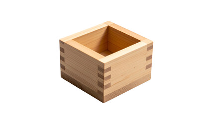 A close-up shot of an empty, small, wooden square-shaped container, meticulously crafted with visible joinery, isolated on a stark black background