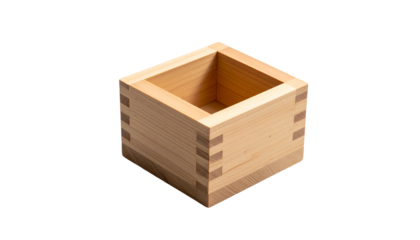 A close-up shot of an empty, small, wooden square-shaped container, meticulously crafted with visible joinery, isolated on a stark black background