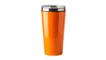 A tall, orange tumbler with a silver rim and lid sits centered against a solid black background, showcasing its sleek design