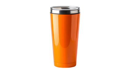 A tall, orange tumbler with a silver rim and lid sits centered against a solid black background, showcasing its sleek design