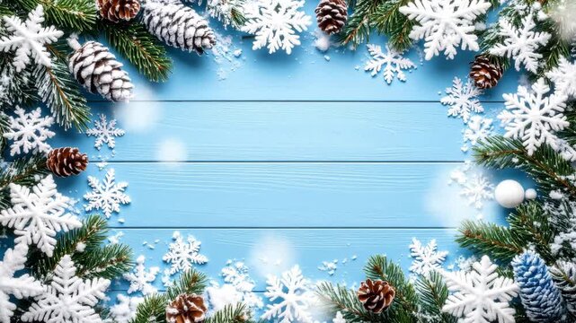 Festive winter border with pine branches, pinecones, and snowflakes on blue wooden planks.