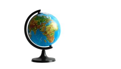 A vibrant, detailed globe rests on a black stand, against a dark backdrop. The colorful continents are visible