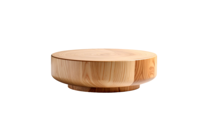 A cylindrical wooden pedestal is isolated on a pure black background. The wood's grain detail is prominent and the style is modern and minimalist