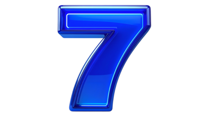A vibrant, glossy, blue numeral seven is rendered with a 3D effect, outlined by a luminous neon glow against a black background