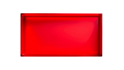 A vibrant, glossy, rectangular element with a rich, ruby-red hue, enclosed in a transparent, beveled frame on a stark black background