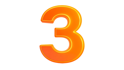 A vibrant, orange-hued, 3D rendered numeral three, isolated against a solid black background. The digit has a highlighted outer edge
