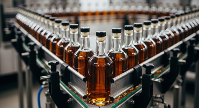 Whiskey bottles on automated production line in a modern distillery