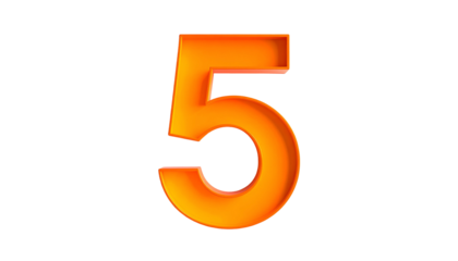 A vibrant, three-dimensional number five glows with an orange gradient, set against a stark black background. It appears rendered digitally
