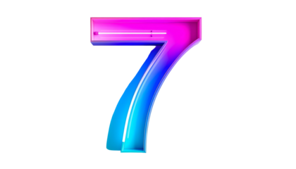 A vibrant, stylized numeral "7" rendered with a glossy, 3D effect. The digit is a gradient blend of pink and blue hues against a stark black background