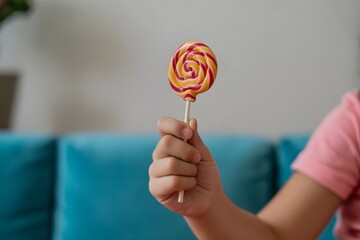A kid hand closeup with lollipop 