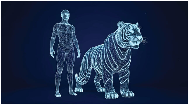 Digital entities: A wireframe human avatar and a majestic tiger rendered in a glowing wireframe. Vector wireframe illustration.