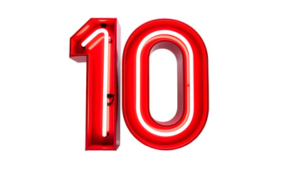 Bold, luminous digits "10" glow with a vibrant red neon light against a stark black background. The numbers exhibit a three-dimensional form