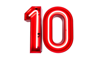 Bold, luminous digits "10" glow with a vibrant red neon light against a stark black background. The numbers exhibit a three-dimensional form