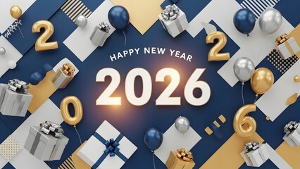 Happy New Year 2026 Celebration with Gifts and Golden Silver Decor