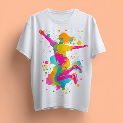 A woman is jumping in the air with colorful splatters on her shirt