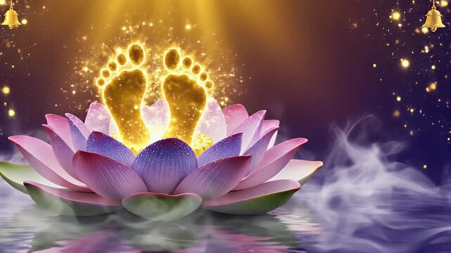 Lord Krishna with glowing footprints on lotus petals and soft mist effect