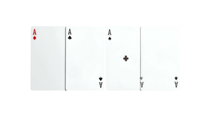 Four playing cards, two open with Aces facing up, arranged side by side on a black backdrop. A minimalist composition