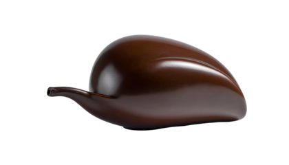 Glossy, dark brown, abstract shape, resembling a stylized leaf or teardrop on a black background. Smooth surface, with a small point extending outwards