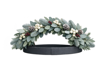 Winter greenery garland centerpiece with pinecones and white berries, semicircle arrangement on black ring base, blue green fir foliage, holiday table decor isolated on transparent background  
