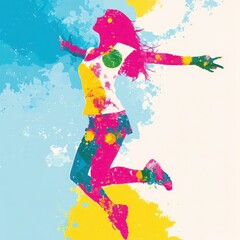 A woman is jumping in the air with her arms outstretched