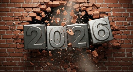 2026 year breaking through brick wall with debris and light rays, concept for new beginnings and overcoming challenges
