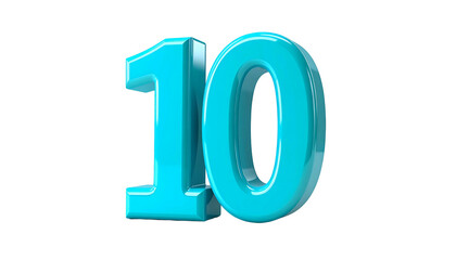 Glossy, three-dimensional representation of the number "10" in a vibrant, turquoise hue, isolated on a deep black background
