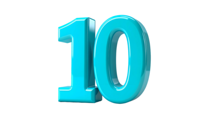 Glossy, three-dimensional representation of the number "10" in a vibrant, turquoise hue, isolated on a deep black background