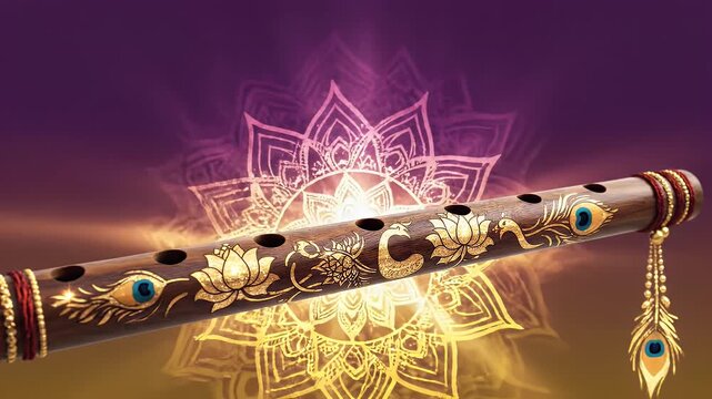 Lord Krishna with ornate bansuri flute lotus peacock plume and glowing mandala