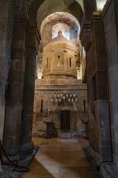 The 17th-century stone ciborium believed to mark the burial site of Christ&rsquo;s robe stands beneath a high arch inside Svetitskhoveli Cathedral in Mtskheta, Georgia, its carved windows and doorway softly