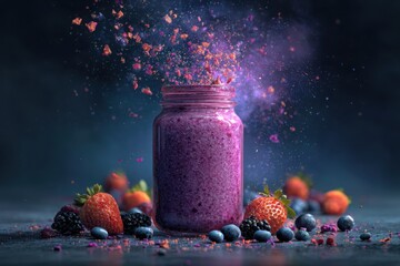 A jar of purple smoothie with strawberries and blueberries on a table