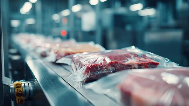 Medium shot of vacuumsealed meat products highlighting airtight packaging and extended freshness on a clean production line.