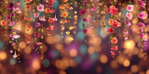 A colorful background with flowers hanging from the ceiling