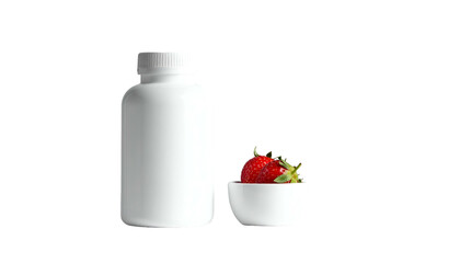 A white plastic bottle stands beside a small white bowl holding fresh red strawberries, all on a black background