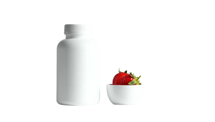 A white plastic bottle stands beside a small white bowl holding fresh red strawberries, all on a black background
