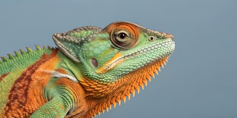 Obraz premium A close-up of a vibrant chameleon with green, orange, and red scales and a detailed eye against a soft gray background