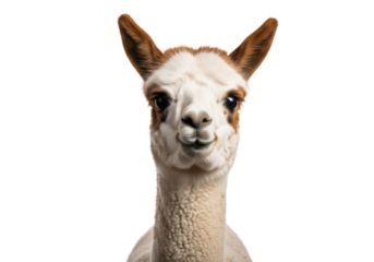 a young juvenile alpaca (criá) with voluminous creamy white fleece and chestnut patches, gazing curiously in a high-key studio portrait on a transparent backdrop. Concept of innocent charm