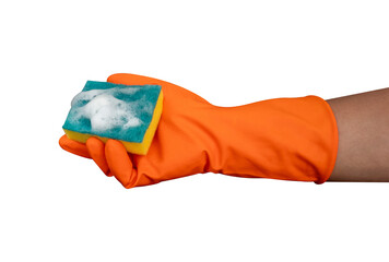 hand with rubber glove holding a orange sponge