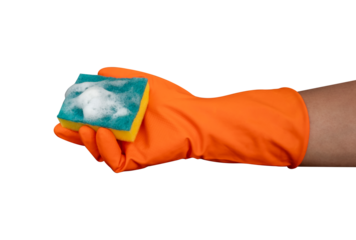 hand with rubber glove holding a orange sponge
