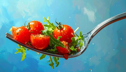 Close-up of a fork carrying cherry tomatoes and green arugula against a vibrant blue and white painted background