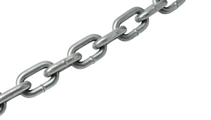 Close-up of a metallic chain links against a black background. The chain extends diagonally. Each link has a smooth, shiny appearance
