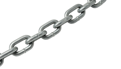 Close-up of a metallic chain links against a black background. The chain extends diagonally. Each link has a smooth, shiny appearance