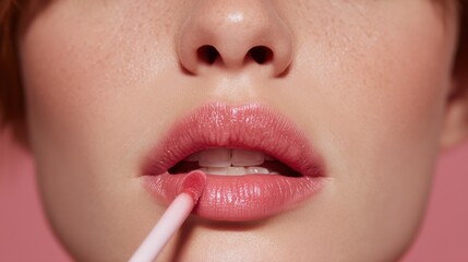 Naklejka premium Close-Up of Woman Applying Pink Lip Gloss with Brush on Soft Pink Background for Beauty and Cosmetic Themes