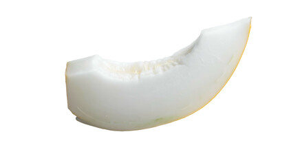 Close-up view of a sliced piece of ripe, white melon fruit, cut against a solid black backdrop. The fruit appears juicy and fresh