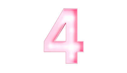 Digit "4" in light pink with white glow and red outline, against a black background. Design is a neon style
