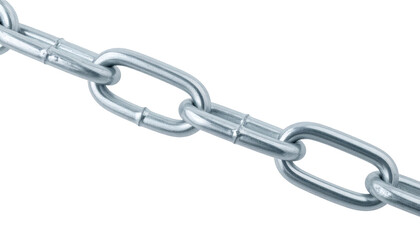 Close-up view of a silvery metallic chain composed of linked oval-shaped pieces. It is diagonally oriented against a black backdrop